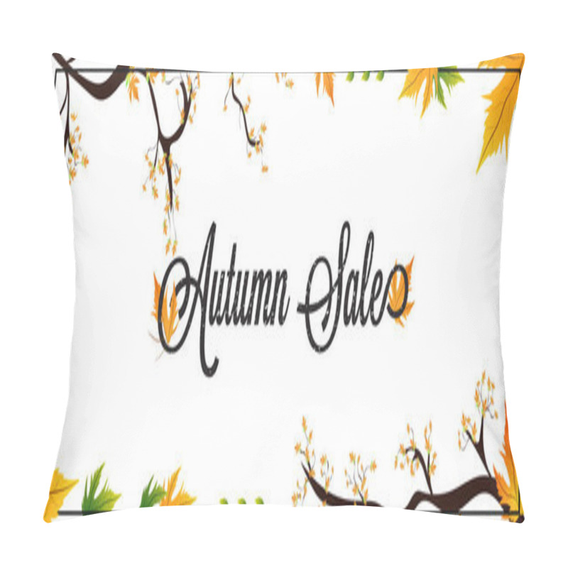 Personality  Typography Black Grungy Text Autumn Sale Banner Design With Autumn Leaves Branches On White  Background. Pillow Covers