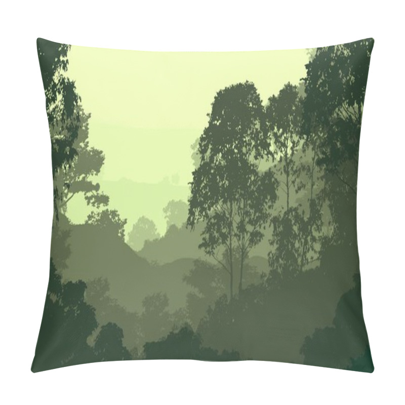 Personality  Abstract Background With Foggy Hills And Trees Silhouettes With Forest Haze. Pillow Covers