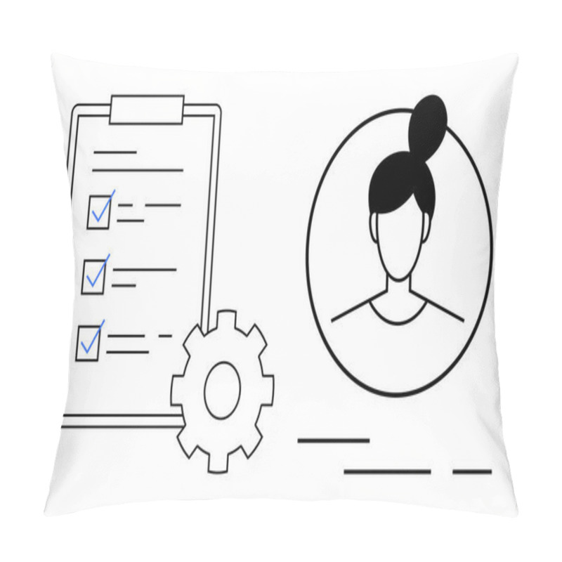 Personality  Clipboard With Checklist Next To Gear Icon And Circular Profile Of A Woman With A Bun. Ideal For Project Management, Team Tasks, HR Processes, Profile Setups, Business Planning, Productivity Pillow Covers