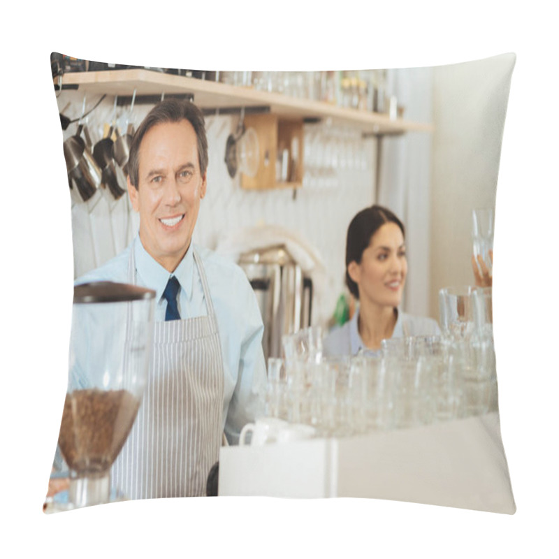 Personality  Pleasant Handsome Man Smiling And Standing In The Kitchen. Pillow Covers