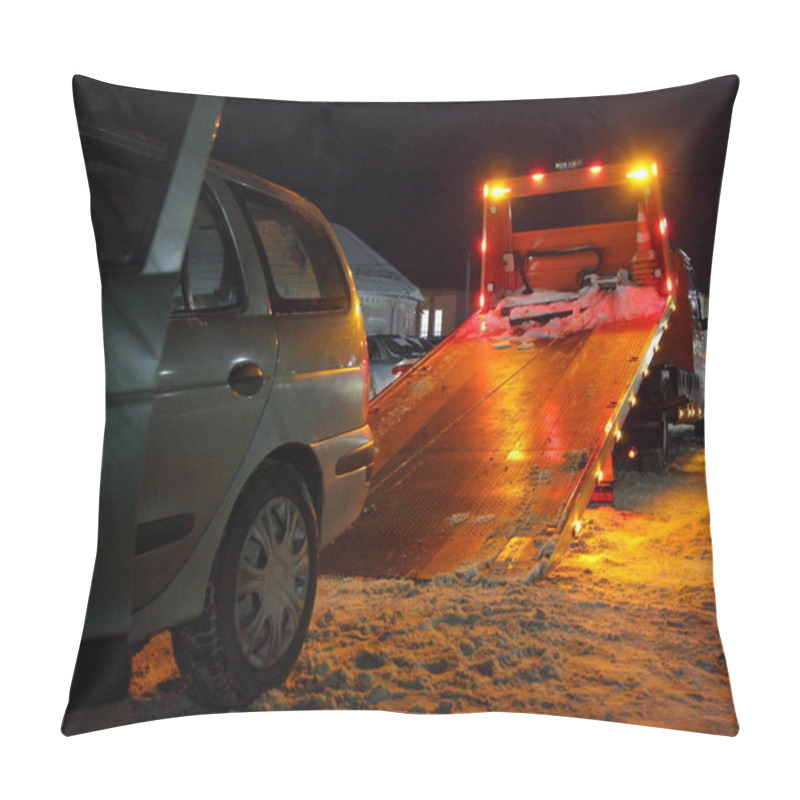 Personality  Loading A Car On A Tow Truck Lighted Platform Close Up Side View On A Winter Night On The Snow Covered Parking, Technical Assistance To The Driver Pillow Covers