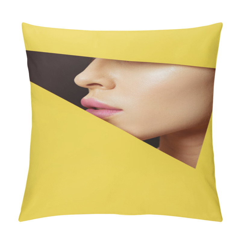 Personality  Cropped View Of Female Face With Pink Lips In Triangular Hole In Yellow Paper On Black Pillow Covers