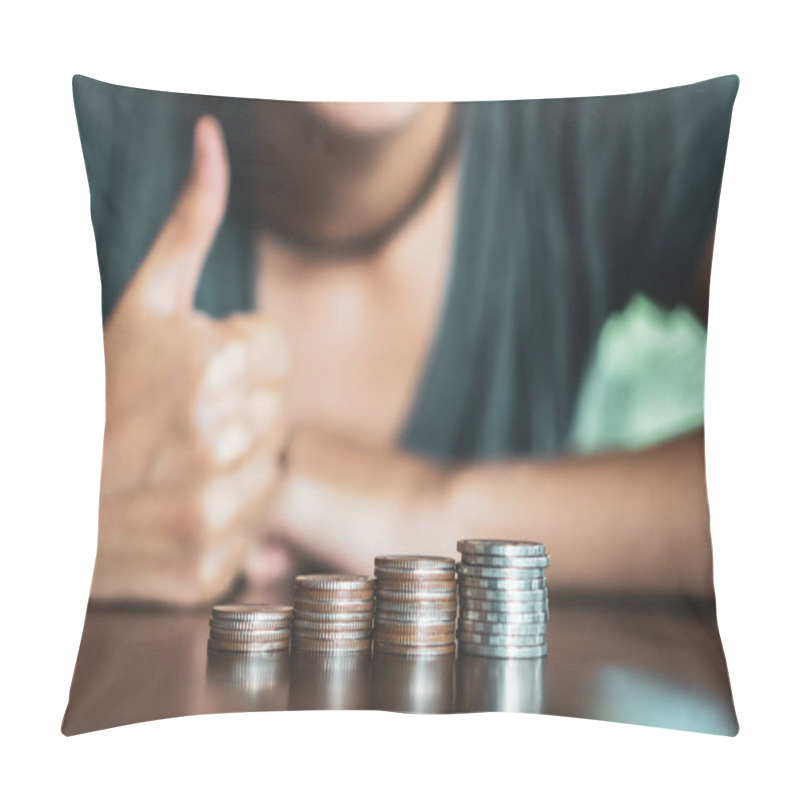 Personality  Business Financial Success Concept. Gold Coins On Table And Green Nature Bokeh Background.Bullish Market Situation. Pillow Covers