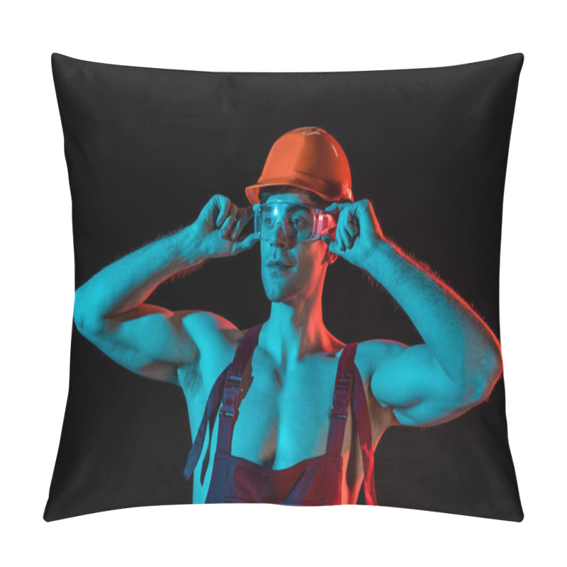 Personality  Sexy Fireman In Overall, Hardhat And Protective Goggles Isolated On Black Pillow Covers