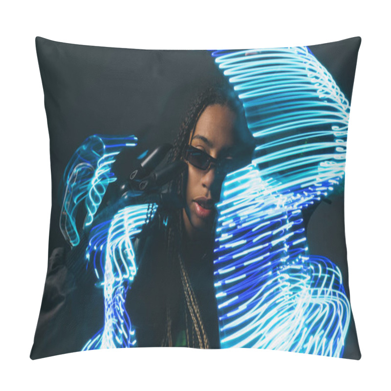 Personality  Stylish African American Woman In Smart Glasses Posing Near Abstract Neon Lights On Grey Background  Pillow Covers