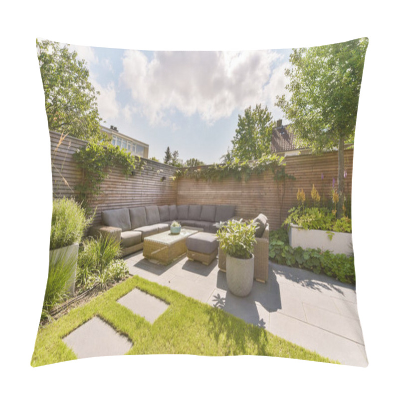 Personality  Amsterdam, Netherlands - 10 April, 2021: An Outdoor Living Area With Grass And Plants On The Ground, Surrounded By A Wooden Fence That Leads To A Backyard Patio Pillow Covers