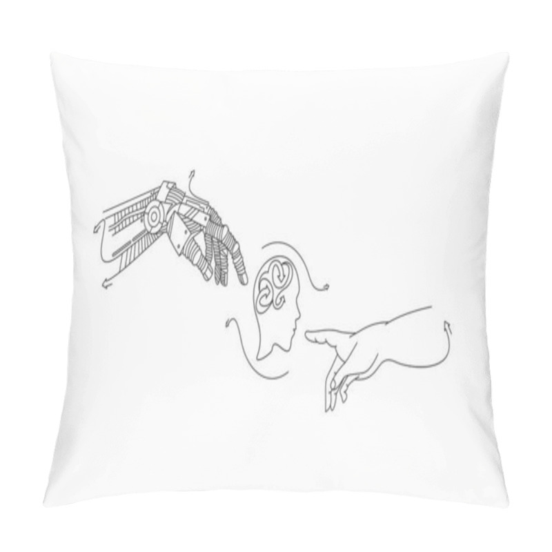 Personality  Hands Of Robot And Human Hands Touching With Fingers, Virtual Reality Or Artificial Intelligence Technology Concept - Hand Draw Sketch Design Illustration. Pillow Covers