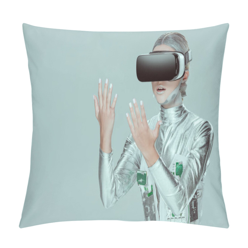 Personality  Surprised Silver Robot Looking At Hands With Virtual Reality Headset Isolated On Grey, Future Technology Concept Pillow Covers