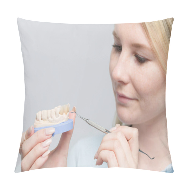 Personality  Young Female Dental Technician Works On Denture Parts In A Dental Laboratory Pillow Covers