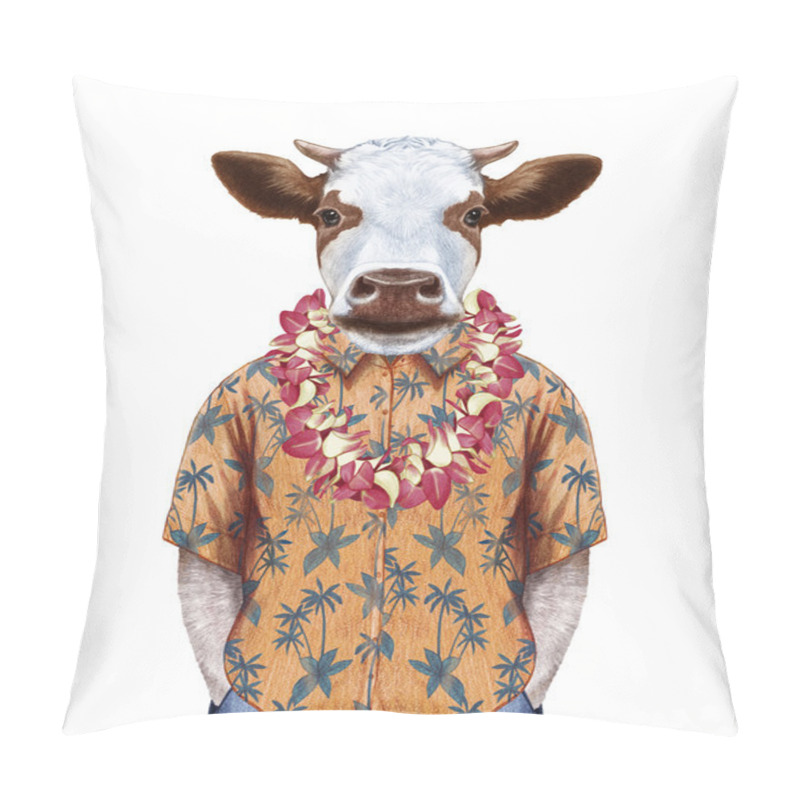 Personality  Cow In Summer Shirt With Hawaiian Lei. Pillow Covers