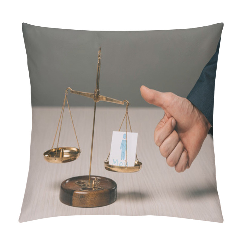 Personality  Partial View Of Businessman Showing Thumbs Up Near Scales Of Justice And Male Signs, Gender Stereotypes Concept  Pillow Covers