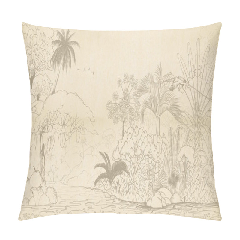 Personality  Tropical Nature Landscape, Jungle With Exotic Tropical Plants, Flowers And Leaves. Drawn Jungle Illustration. Design  For Card, Postcard, Wallpaper, Photo Wallpaper, Mural. Pillow Covers