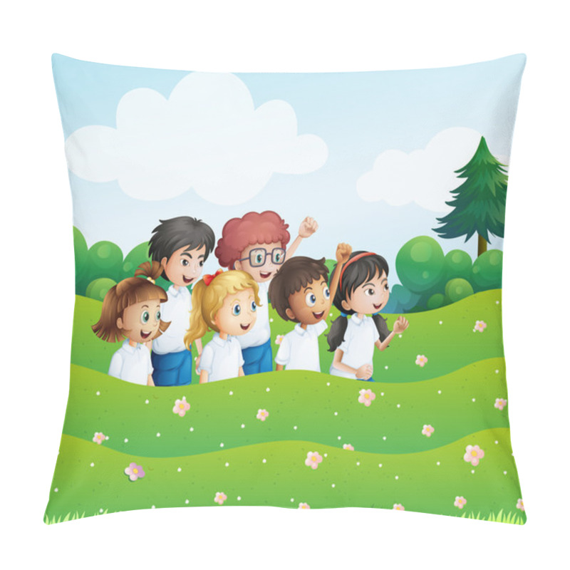 Personality  Six Playful Kids At The Hill Pillow Covers