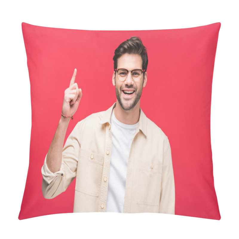 Personality  Smiling Handsome Man Pointing With Finger Up Isolated On Pink Pillow Covers