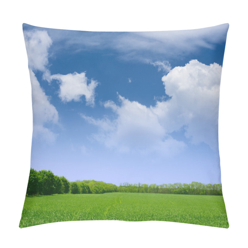 Personality  Wide Field Of Green Grass, Forest And Blue Sky With Clouds Pillow Covers