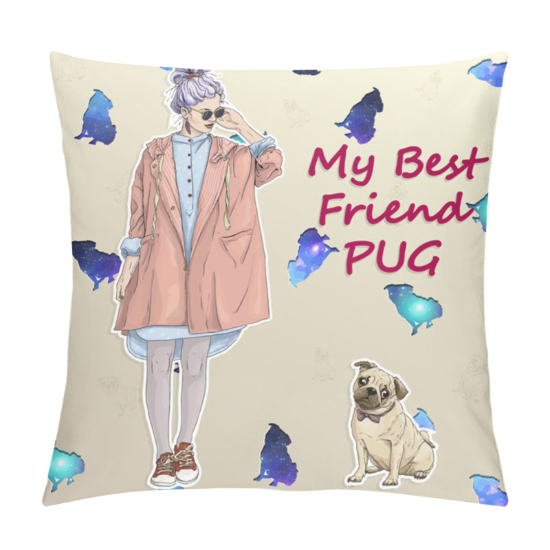 Personality  Young Hipster Girl With Pug Dog Fashion Best Friends Space Puppy Background Pillow Covers