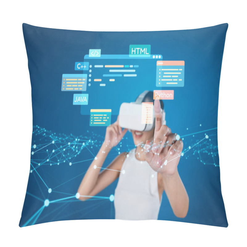 Personality  Software Developer Or Programmer Work With Coding Digital Overlays Of Various Programming Languages Like HTML, Python, Java, And C EIDE For New Application Mobile Phone Development Pillow Covers