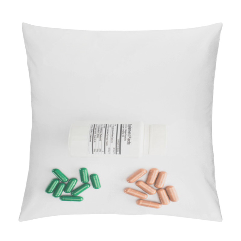 Personality  Top View Of Container With Brown And Green Capsules On White Background  Pillow Covers