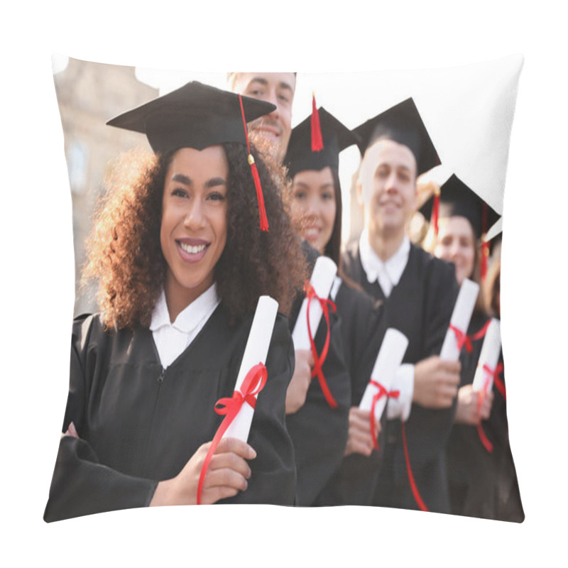 Personality  Happy Students With Diplomas Outdoors. Graduation Ceremony Pillow Covers