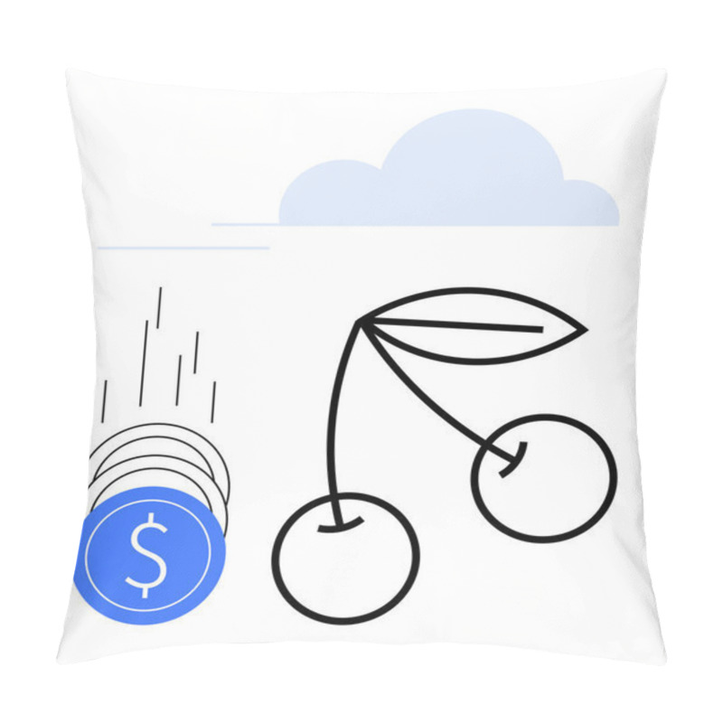 Personality  Blue Coins With A Dollar Sign Falling Beside Stylized Cherries Under A Simplistic Cloud. Ideal For Finance, Economics, Business Growth, Investment, Agriculture, Success Themes. Line Metaphor Pillow Covers