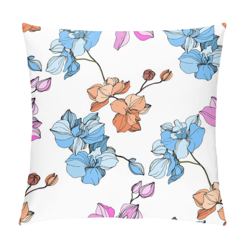 Personality  Vector Pink, Blue And Orange Orchids. Wildflowers Isolated On White. Engraved Ink Art. Seamless Background Pattern. Wallpaper Print Texture. Pillow Covers