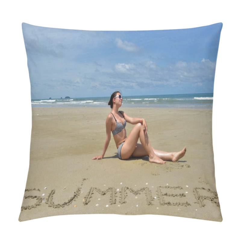 Personality  A Girl In A Swimsuit Sits On A Deserted Sandy Beach Next To The  Pillow Covers