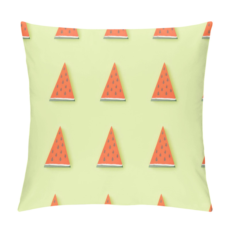 Personality  Top View Of Pattern With Handmade Red Paper Watermelon Slices Isolated On Green Pillow Covers