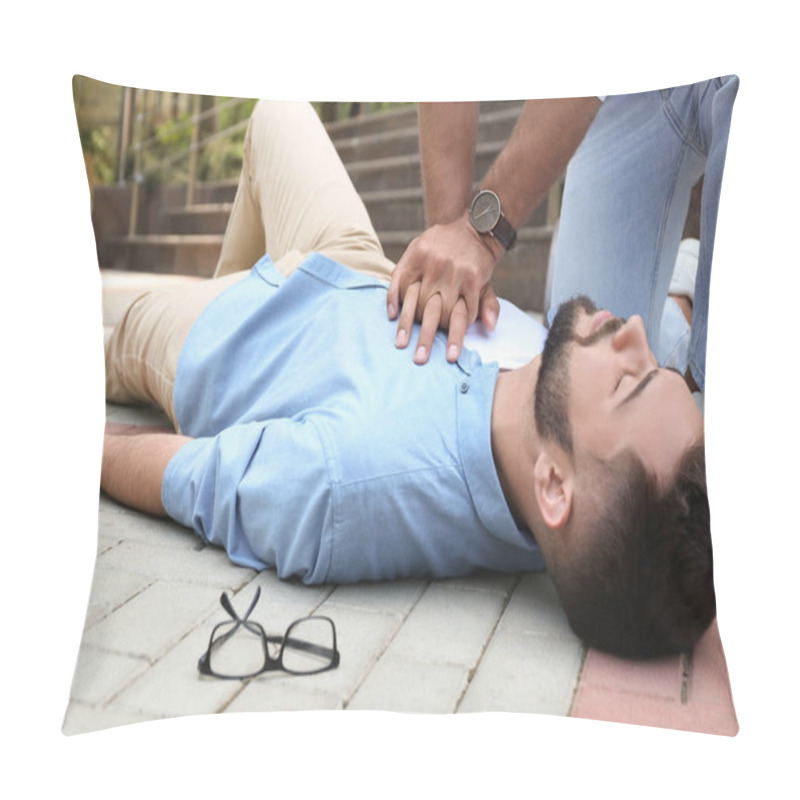 Personality  Passerby Performing CPR On Unconscious Young Man Outdoors. First Aid Pillow Covers