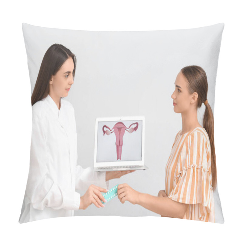 Personality  Female Gynecologist Giving Contraceptive Pills To Patient On Light Background Pillow Covers