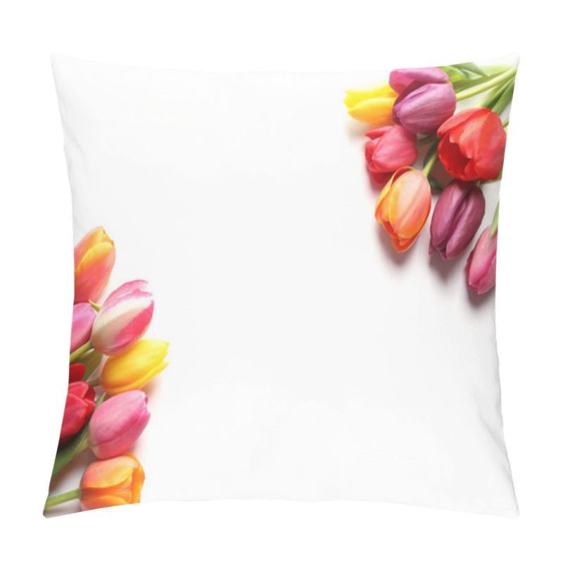 Personality  Beautiful Spring Tulip Flowers On White Background, Top View. Space For Text Pillow Covers