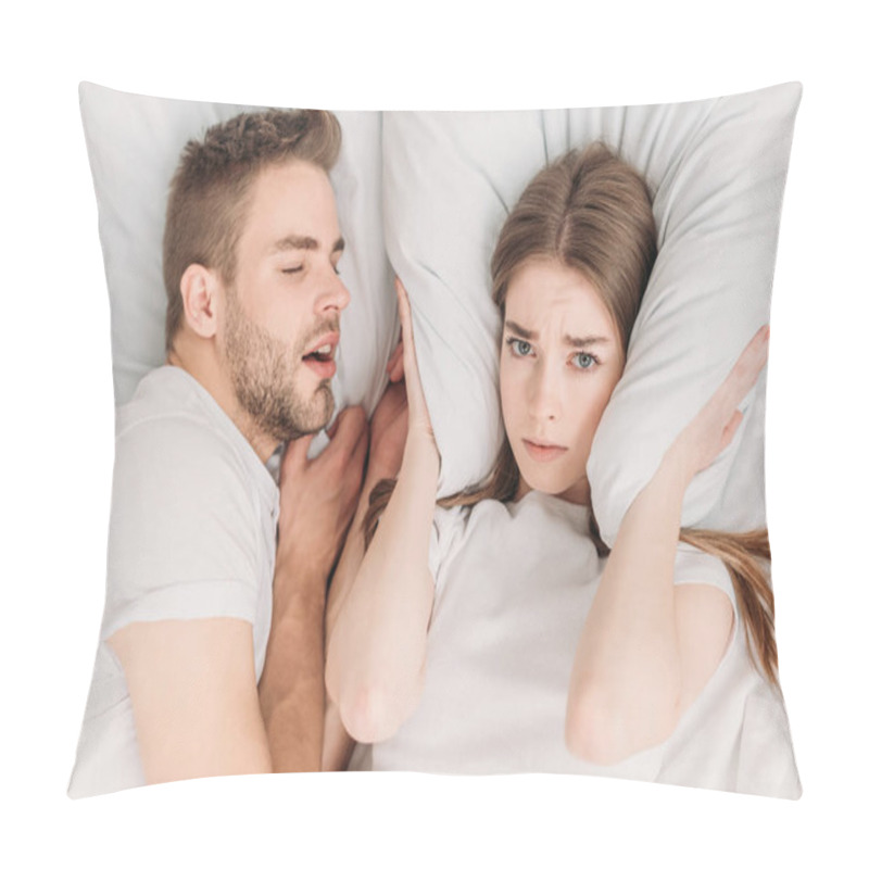 Personality  Top View Of Woman Plugging Ears With Pillow While Lying In Bed Near Snoring Husband Pillow Covers