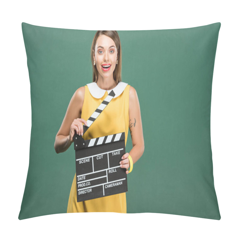 Personality  Beautiful Stylish Woman In Yellow Dress Looking At Camera And Holding Film Clapperboard Isolated On Green Pillow Covers