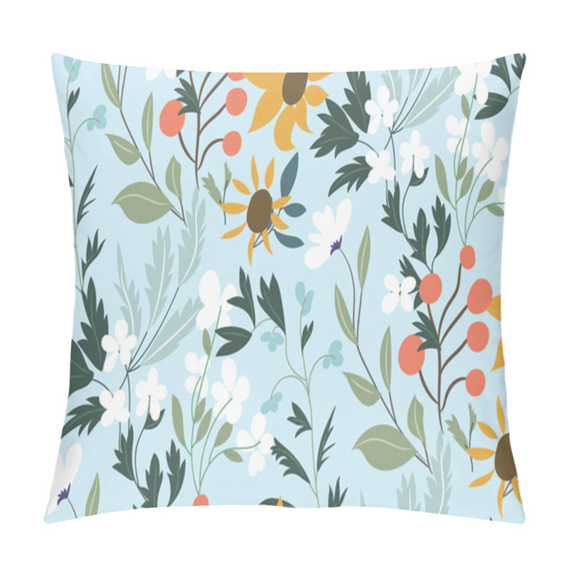 Personality  Seamless Floral Pattern With Various Forest / Wild Flowers, Leaves, Berries On A Pastel Blue Background. Vector Abstract Botanical Print. Fresh Design In A Hand-drawn Style. Pillow Covers