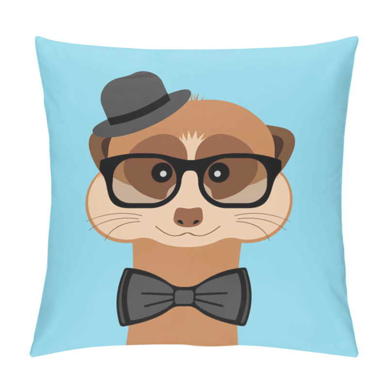 Personality  Meerkat Boy Portrait With Glasses, Hat And Bow Tie. Vector Illustration Pillow Covers