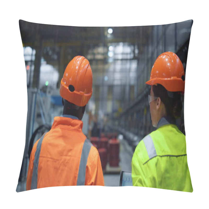 Personality  Facility Colleagues Discussing Project Work At Modern Special Huge Factory. Pillow Covers