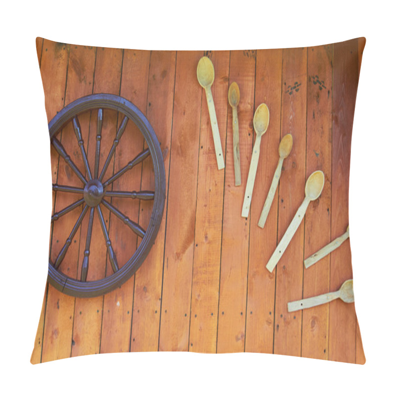 Personality  Hand Spinning Wheel On The Wall Of The Old Log House Pillow Covers