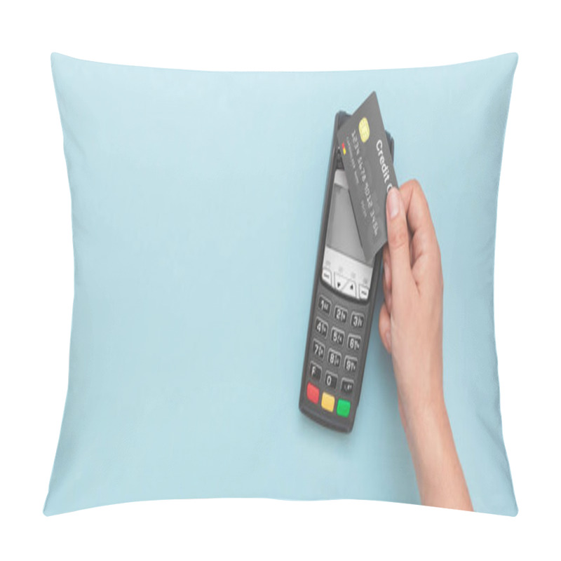 Personality  Credit Card Payment Terminal. Man Using Credit Card. Wide Image With Copy Space And Blue Background Pillow Covers