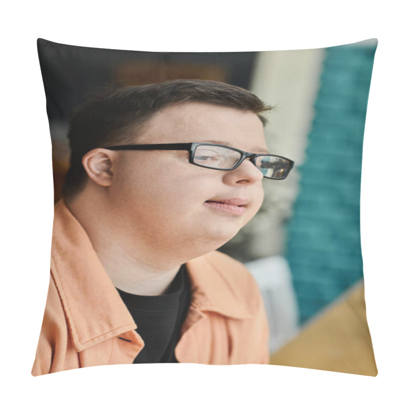 Personality  A Man With Down Syndrome In Glasses Looking Away Pillow Covers