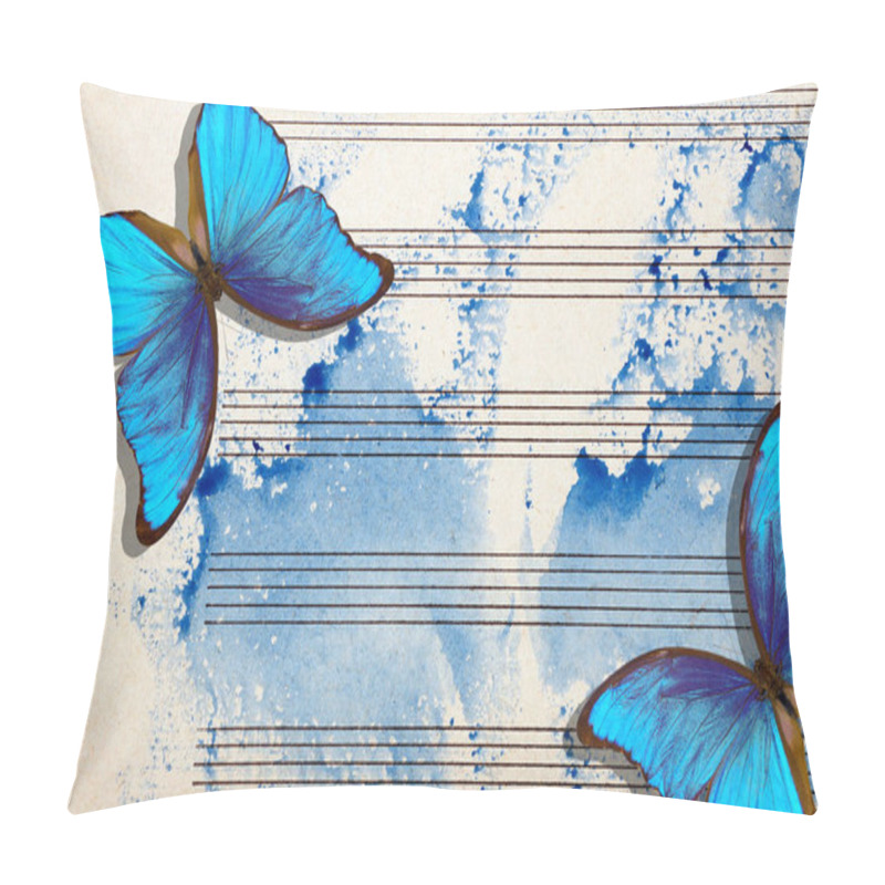 Personality  Morpho Blue Butterflies And Notes. Butterfly Melody. Old Music Sheet In Blue Watercolor Paint. Blues Music Concept. Abstract Blue Watercolor Background. Pillow Covers