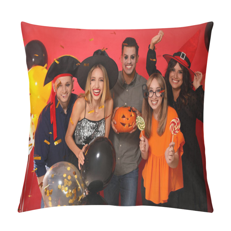 Personality  Happy Friends In Costumes With Halloween Party Accessories On Red Background Pillow Covers