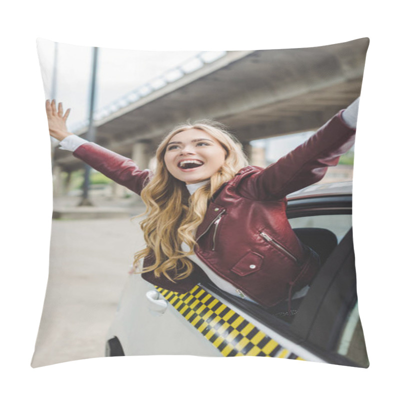 Personality  Cheerful Blonde Girl Raising Hands And Looking Away Through Taxi Window Pillow Covers