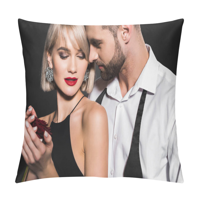 Personality  Handsome Man Hugging Girlfriend With Rose Flower, Isolated On Black Pillow Covers