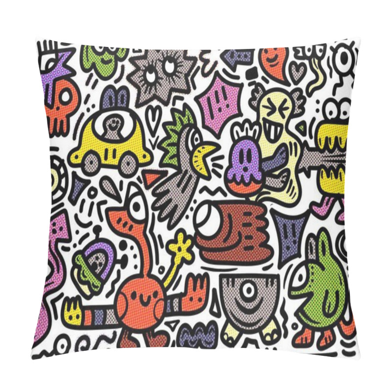 Personality  A Vibrant And Chaotic Collection Of Playful Cartoon Doodle Characters And Objects, Featuring A Variety Of Expressions And Shapes, Enhanced By A Retro Halftone Effect For A Lively Comic Style Pillow Covers