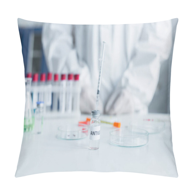 Personality  Cropped View Of Syringe In Antigen Near Blurred Petri Dishes And Scientist In Lab  Pillow Covers