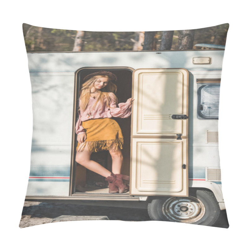 Personality  Attractive Hippie Girl In Hat Posing In Door Of Camper Van Pillow Covers