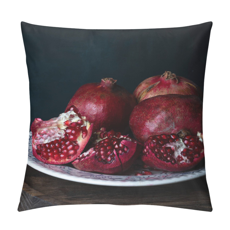 Personality   Ripe And Juicy Pomegranate Fruits Close-up On A Black Background. Pillow Covers