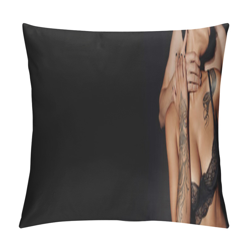 Personality  Partial View Of Young Man Embracing Tattooed Woman In Lace Bra Isolated On Black, Banner Pillow Covers