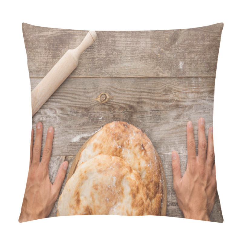 Personality  Cropped View Of Man Near Wooden Table With Lavash Bread And Rolling Spin Pillow Covers