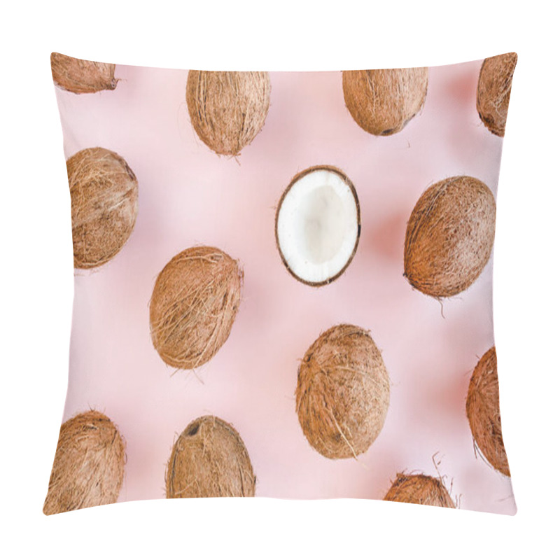 Personality  Pattern, Texture With Coconuts And Tropical Palm Leaves On Pink Background. Tropical Abstract Background. Flat Lay, Top View. Pillow Covers