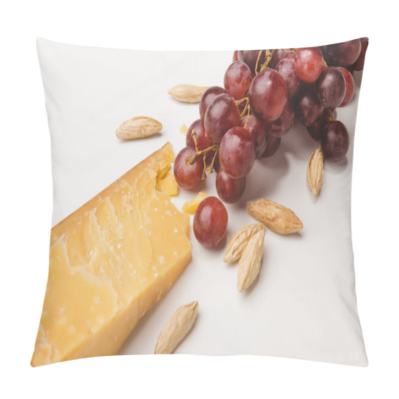 Personality  Closeup Shot Of Parmesan Cheese, Almond And Grapes On White Pillow Covers